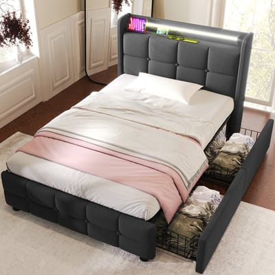 Sweiko Zacht Gewatteerd bed met USB Oplaadfunctie, Hoofdbord en LED verlichting, 2-laden, Eenpersoonsbed 90x200cm opbergbedframe, houten frame, Grijs (zonder matras)