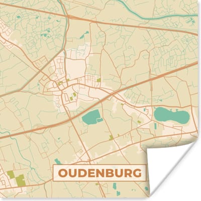 Poster Plattegrond - Stadskaart - Kaart - Vintage - Oudenburg - 100x100 cm XXL