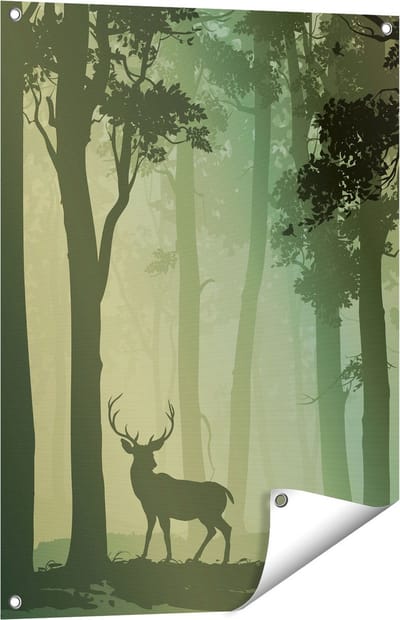 Gards Tuinposter Hert in het Bos - Silhouet - 60x80 cm - Tuindoek - Tuindecoratie - Wanddecoratie buiten - Tuinschilderij