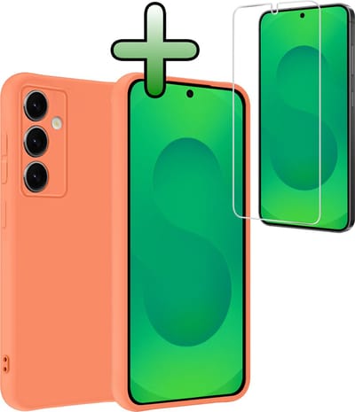 Hoesje Met Screenprotector - Geschikt voor Samsung Galaxy S25 - Sterk & Shockproof - Back Cover - Siliconen Case - Telefoon Hoes - Perzik