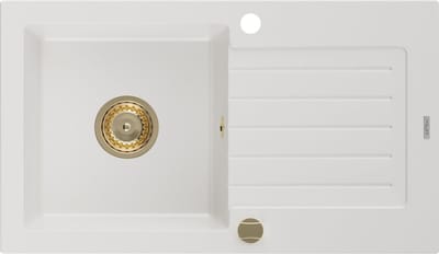 Mexen Pablo granieten spoelbak 1-komorige met afdruiprek 752 x 436 , wit, gouden sifon - 6510751010-20-G
