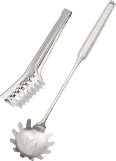 Intirilife 2-delig set Spaghettilepel en Spaghettitang van roestvrij staal in Zilver - Noedellepel, Pastatang, Keukentang, ideaal voor het serveren van salades, gegrild vlees en nog veel meer