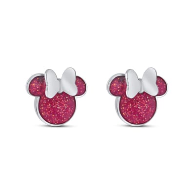 Disney 4-DIS045 Minnie Mouse Oorbellen - Minnie Oorknopjes - Disney Sieraden - 8x8mm - Roze Resin - Staal - Hypoallergeen - Zilverkleurig