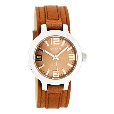 OOZOO Timepieces - Zilverkleurige horloge met terra leren band - C8706