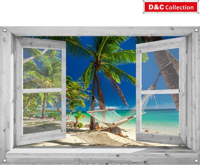 D&C Collection - 90x65 cm - tuindoek - doorkijk - venster tropisch strand met hangmat - bounty - tuinposter - schuttingposter - tuinposter voor buiten