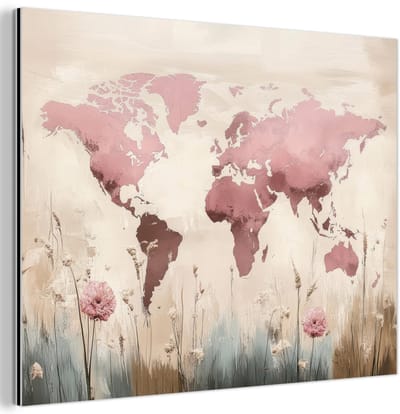 Aluminium schilderij 120x90 cm - Wanddecoratie metaal - Wereldkaart - Roze - Bloemen - Metalen muurdecoratie woonkamer - Decoratie industrieel - Foto op dibond - Industriële accessoires slaapkamer