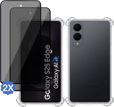 TechNow Hoesje + 2x Privé Screenprotector geschikt voor Samsung Galaxy S25 Edge Hoesje Screenprotector - Privacy Tempered Glass - Case Transparant