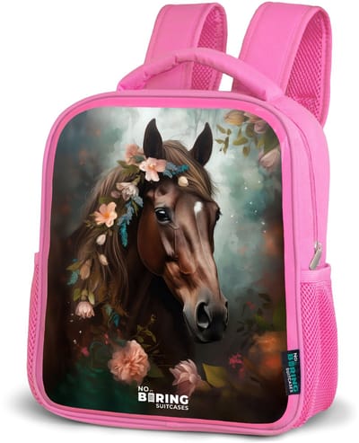 NoBoringSuitcases.com® - Rugzak roze - Schooltas meisjes - Donkerbruin - Paard - Bloemen - Bladeren - Kinder rugtas meisje - Boekentas kind - Kinderrugzak voor school - Schoolrugzak