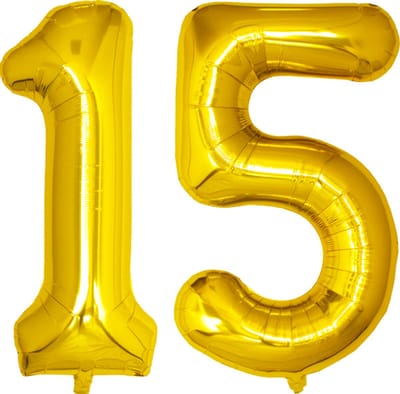 Folie Ballon Cijfer 15 Jaar Goud Verjaardag Versiering Helium Cijfer Ballonnen Feest versiering Met Rietje - 86Cm