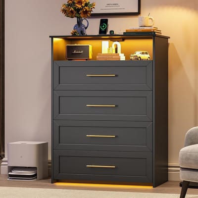 Dubbele ladekast met 4 lades - Accentladekasten - Moderne opbergladekast - met stopcontact, oplaadstation en ledverlichting - 98 × 60 × 38 cm - Zwart