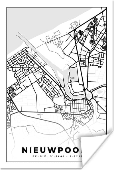Poster Plattegrond – Nieuwpoort – Zwart Wit – Stadskaart - Kaart - België - 120x180 cm XXL