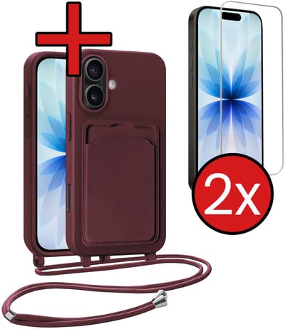 Hoesje Geschikt voor iPhone 17 Hoesje Met Telefoonkoord en Pasjeshouder Met 2x Screenprotector Siliconen - Hoes Geschikt voor iPhone 17 Hoesje Met Kaarthouder Case - Aubergine