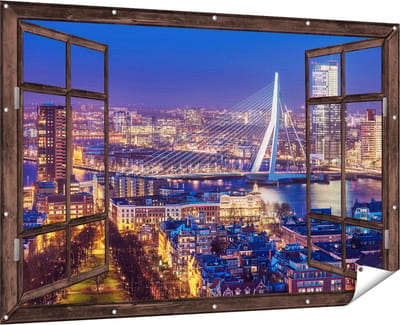 Gards Tuinposter Doorkijk Rotterdamse Skyline met de Erasmusbrug - 180x120 cm - Tuindoek - Tuindecoratie - Wanddecoratie buiten - Tuinschilderij
