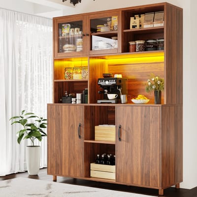Wishdor Hoge Kast Met Ledverlichting En Usb-Aansluiting - Schuifdeuren Van Veiligheidsglas - Verstelbare Legplanken - MDF - Walnootbruin - 140 X 40 X 185 Cm