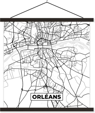 Posterhanger incl. Poster 60x60 cm - Schoolplaat - Frankrijk - Kaart - Plattegrond - Stadskaart - Orléans - Zwart wit - Textielposter - Zwarte latten - Stadskaart