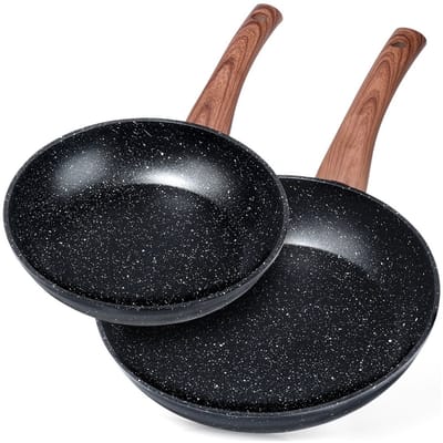 Koekenpan Set Graniet BLACK&WOOD 20 / 26 cm 2 stuks - Koekenpannen - Braadpannen - Koekenpannenset - Multifunctionele Pan voor Vlees - Groenten