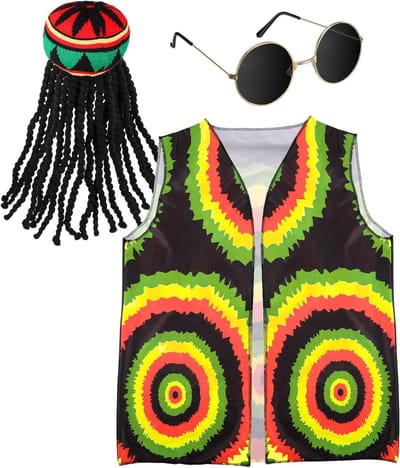 3-delige Hippie Kostuumaccessoires Set met Dreadlocks Perücke, Unisex Hippie Vest en Zonnebril voor Feestjes en Cosplay, Rood, Geel, Groen, One Size