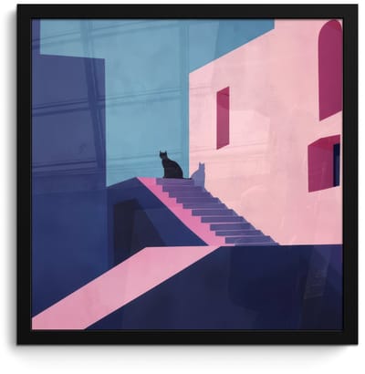 Poster in lijst - Fotolijst 40x40 cm - Posters - Kat - Trap - Gebouwen - Schaduwcontrasten - Posterlijst zwart - Decoratie - Wanddecoratie woonkamer - Muurdecoratie slaapkamer