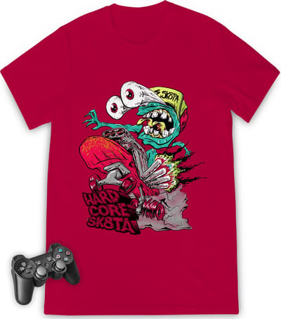 Jongens tshirt met print - Streetwear skatebord opdruk - Maat 116 t/m 164 - T shirt kleuren: wit, turquoise en rood.