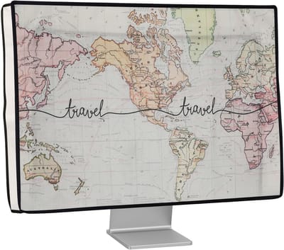kwmobile stoffen beschermhoes voor monitor - geschikt voor 20-22" Monitor - Afdekhoes van linnen - In zwart / meerkleurig Travel Wereldkaart design