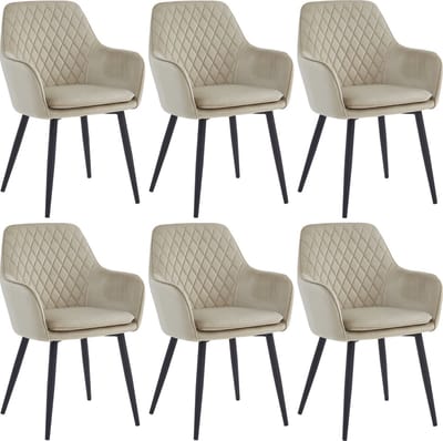 Colenis® - Laura Eetkamerstoel - Set Van 6 - Beige - Velvet - Design - Industrieel - Met armleuning