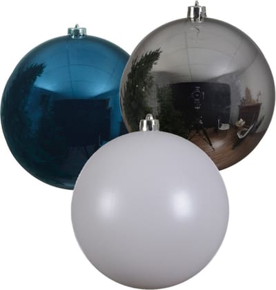 3x stuks grote kerstballen van 20 cm glans van kunststof zilver blauw en wit - Kerstversiering