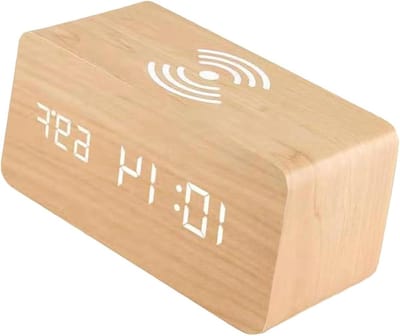 Digitale Wekker - Houten Klok - Wakker Worden - Draadloos Opladen - 9x9 cm - Geel