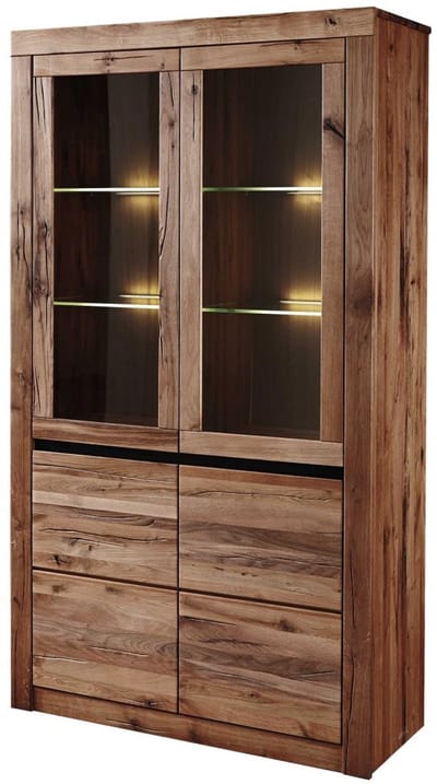 MASSIVMOEBEL24.DE wilde eik / moseik vitrine bruin massief hout 105x42x190 cm (BxTxH) geolied gemonteerd MONTREUX volledig massief #301