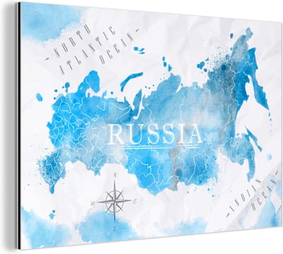Aluminium schilderij 120x80 cm - Wanddecoratie metaal - Wereldkaarten - Rusland - Blauw - Metalen muurdecoratie woonkamer - Decoratie industrieel - Foto op dibond - Industriële accessoires slaapkamer