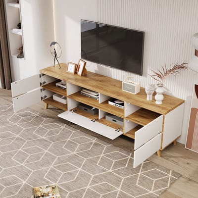 STILVORA TV-Meubel - Modern TV-Kast Met 4 Deuren En 2 Vakjes - Ruime Opbergruimte Voor Woonkamer En Media - MDF - 175x37x51 cm - Wit+Notenbruin