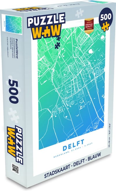Puzzel Stadskaart - Delft - Blauw - Legpuzzel - Puzzel 500 stukjes - Plattegrond