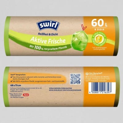 Swirl Vuilniszakken met Trekband Geparfumeerd Actif Fresh 60 liter - 12 x 8 stuks - Voordeelverpakking