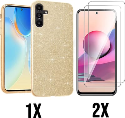 Casemania Hoesje Geschikt voor Samsung Galaxy A14 - Goud + 2X Glazen Screenprotector - Glitter Back Cover