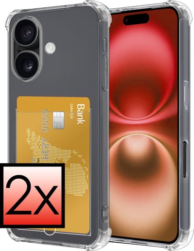 Hoesje - 2 Stuks - Geschikt voor Apple iPhone 16 - Met Pashouder en Kaarthouder - Telefoon Hoes Shockproof - Siliconen Case - Back Cover - Shock Proof - Pasjes Houder - Transparant