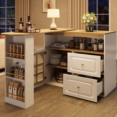 MODENUIT Bartafel - Draaibaar Met 2 Laden En Open Rek - Voor Woonkamer En Eetkamer - Wit MDF - 138-204x39x104 Cm