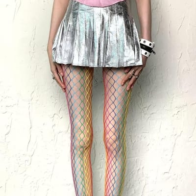 Sous-culture Y2K Collants en résille arc-en-ciel pour filles Collants résille colorés creux pour femmes Collants fins JK Goth Street Club One Size gray