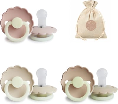Frigg spenen daisy - siliconen T1 0-6 maanden - glow in the dark : cream, croissant en blush + BolleToet zakje