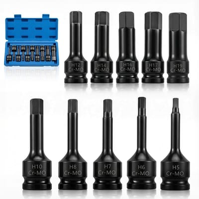 Dailygoods - 10-delige dopsleutelset met 1/2 inch bits voor doppen en hex-moeren - incl. inbussleutel set moerset 5 mm + 6 mm + 7 mm + 8 mm + 10 mm + 12 mm + 14 mm + 16 mm + 17 mm + 19 mm veeltandbit