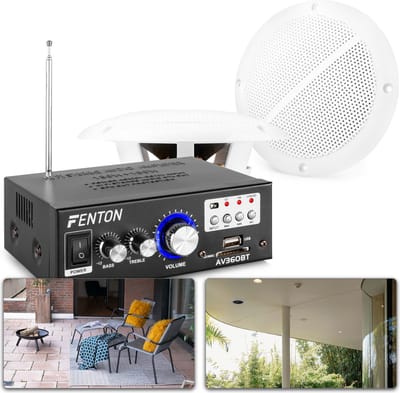 Weerbestendige 5 speakerset + versterker en kabel voor muziek op terras of veranda