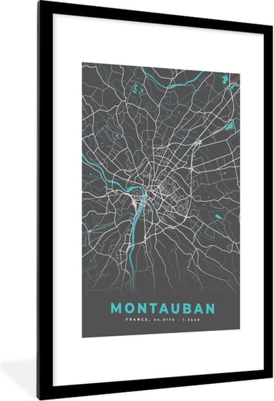 Fotolijst incl. Poster - Montauban - Frankrijk - Plattegrond - Kaart - Stadskaart - 60x90 cm - Posterlijst