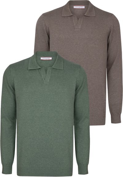 Felix Hardy Pullover Met Polokraag - 2 Pack Polo - 100% Katoen Heren Groen-Bruin - S