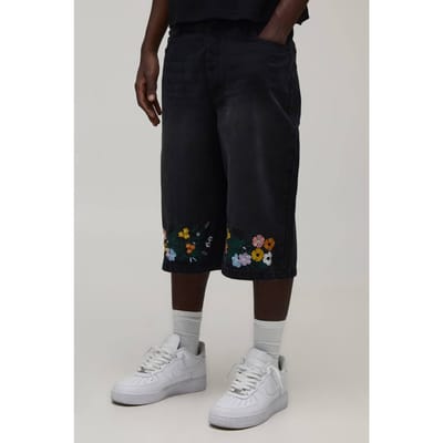 Longline Denim Jorts Met Geborduurd Bloemmotief Op De Zoom | Washed Black | Size 40