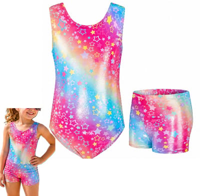 Turnpakje - met Broekje – Turnen - Gymnastiekpakje Zomer zonder Mouw - Turnpakje mouwloos - Maat 130 – Regenboog met Glitters en Sterren Print - LOUZIR