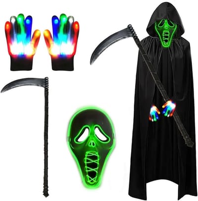 Halloween Kostuum Jongens - Sensenman Outfit met Luminous Masker, Cape, Zeis en Glowe Handschoenen voor Feest, Carnaval en Cosplay