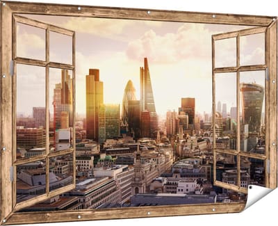 Gards Tuinposter Doorkijk Londen bij Zonsondergang in een Moderne Wijk - 180x120 cm - Tuindoek - Tuindecoratie - Wanddecoratie buiten - Tuinschilderij