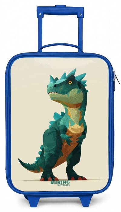 NoBoringSuitcases.com® - Kinderkoffer blauw - Kindertrolley jongen - Gehoornde dino met scherpe blik - Koffer kind lichtgewicht - Reiskoffer trolley voor kinderen - Koffertje met lichtgevende wieltjes - Rolkoffer