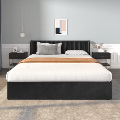 KOMHTOM Bed Tweepersoonsbed 180x200 cm Bed met 2 laden Fluweel gestoffeerd bed met lattenbodem Hoog hoofdbord Zwart