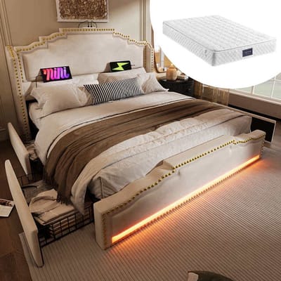 BLACKCOLORS Gestoffeerd bed 140×200, tweepersoonsbed met 4 lades, ledverlichting en USB-C-oplaadpoort, bed met opbergruimte en tienerbed met lattenbodem, fluweel, beige, met matras