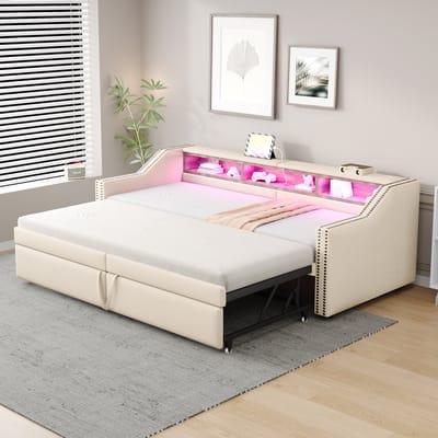 DESMIU Gestoffeerde Slaapbank 90x200 cm – Uitschuifbaar Naar 180x200 cm – Met Ledverlichting En Usb-Aansluiting – Zonder Matras – Beige