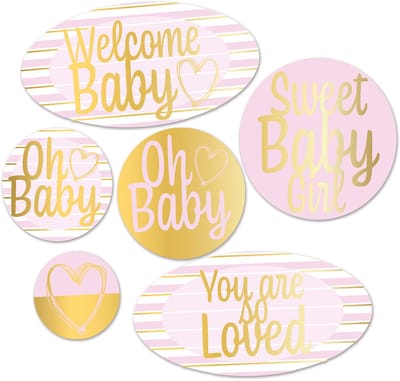 360 DEGREES - 6 Kartonnen "Welcome Baby" Decoraties Roze en Goud voor Babyshower